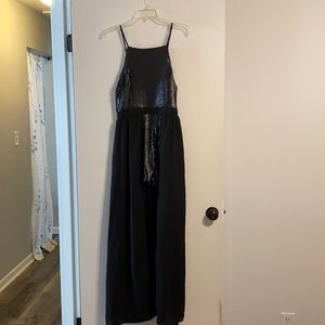 Black sequin romper with train